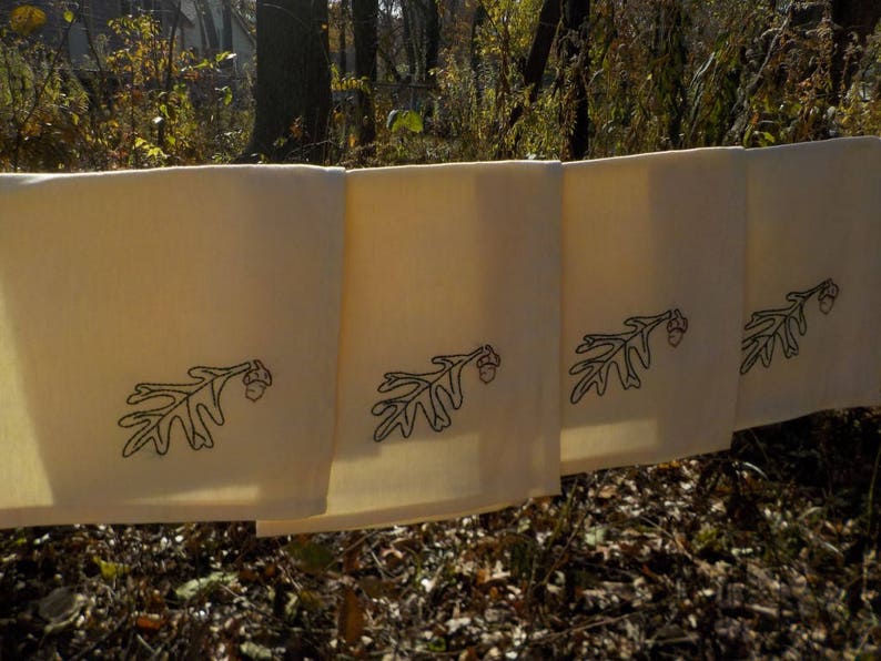 ThreeStrands Hand Embroidered Oak Leaf and Acorn Cloth Napkins