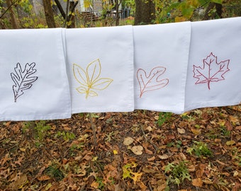4 Hand Embroidered Fall Leaves 18x18 in Cloth Napkins
