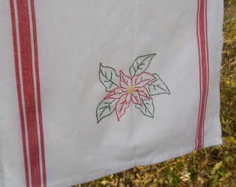 Hand Embroidered Poinsettia Christmas Tea Towel