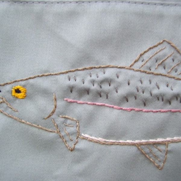 Hand embroidered Rainbow Trout pillowcase