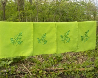 4 Hand embroidered Botanical Fern green linen napkins