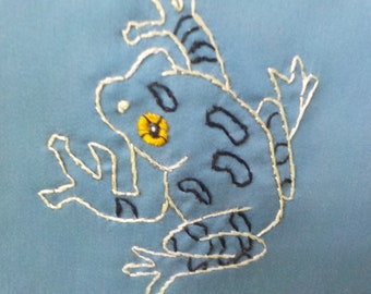 Hand Embroidered Gray Treefrog Pillowcase