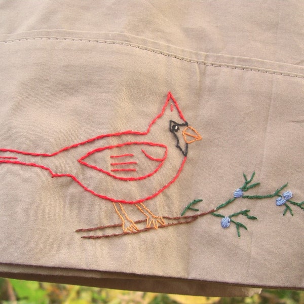 Cardinal on Cedar branch pillowcase- hand stitched