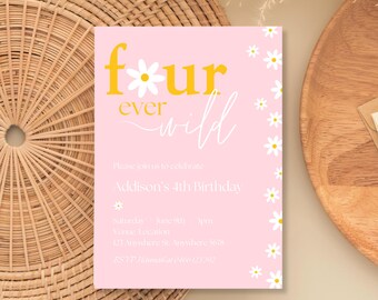 Sjabloon voor vier ooit wilde verjaardagsuitnodigingen | Daisy Invite (bewerkbaar in canvas)