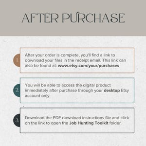 May include: An image with the text "AFTER PURCHASE" at the top. Below are three numbered steps with instructions on how to download digital files after an Etsy purchase. The steps include accessing files via email and Etsy account.