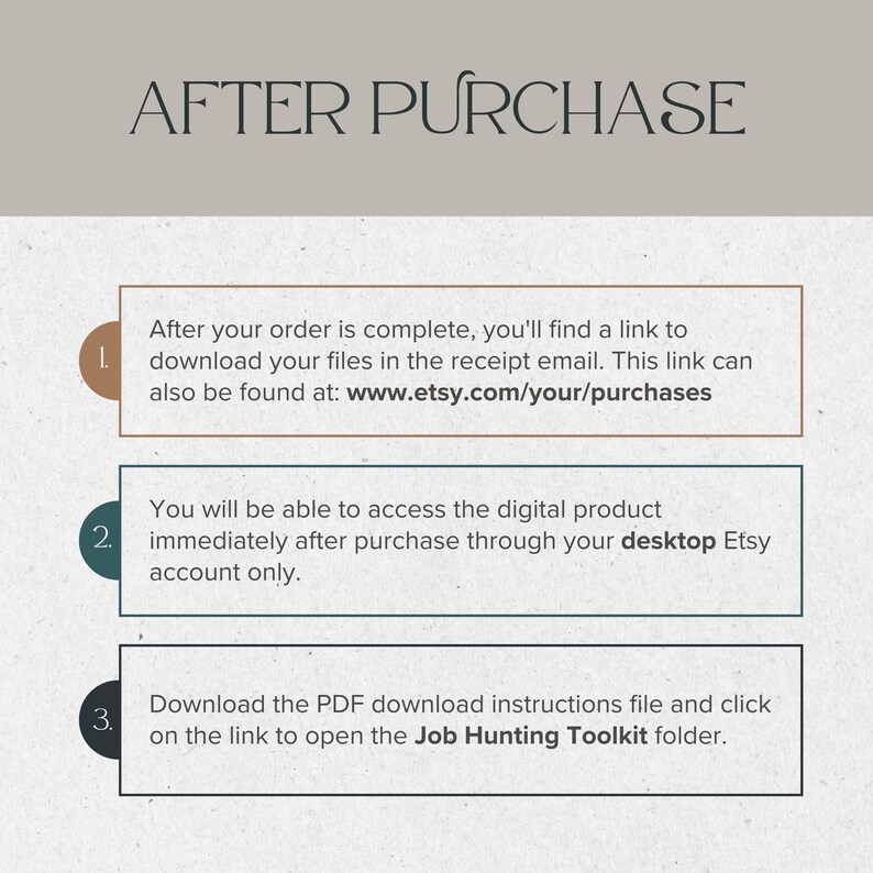 May include: An image with the text "AFTER PURCHASE" at the top. Below are three numbered steps with instructions on how to download digital files after an Etsy purchase. The steps include accessing files via email and Etsy account.