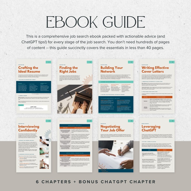 May include: An ebook guide titled "EBOOK GUIDE" with advice for job searching. The guide covers topics like resumes, job offers, and ChatGPT. The cover features several pages with titles such as "Crafting the Ideal Resume" and "Finding the Right Jobs".
