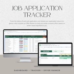 May include: A digital job application tracker displayed on a desktop monitor and a laptop. The text "JOB APPLICATION TRACKER" is at the top. The screen shows a spreadsheet with job application details and an offer ranker.