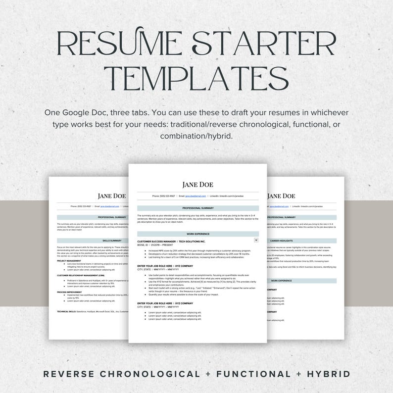 May include: Three resume templates on a light background. The text "RESUME STARTER TEMPLATES" is at the top. The text below reads "One Google Doc, three tabs. You can use these to draft your resumes in whichever type works best for your needs: traditional/reverse chronological, functional, or combination/hybrid."