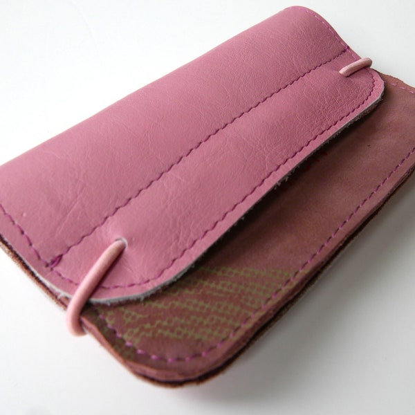 Pink leather wallet with green print