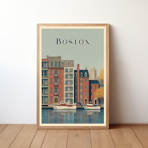 Boston reisposter, skyline print stad, retro Amerikaanse stad muur kunst, reiziger verjaardag kerstcadeau, slaapkamer thuiskantoor decor, USTV1