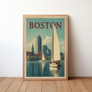 Boston reisposter, skyline print stad, retro Amerikaanse stad muurkunst, reiziger verjaardag kerstcadeau, slaapkamer thuiskantoor decor, USTV4