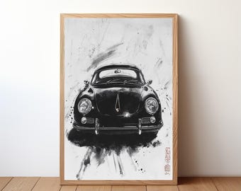 affiche vintage Porsche 356, impression Porsche, art mural voiture classique, décoration voiture de sport, art mural garage, portrait Porsche rétro, PRSH25