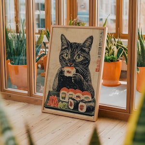 Vintage Black Cat Eating Sushi, Funny Cat Poster, Cute Cat Wall Art ...