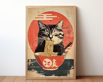 Vintage Cat Eating Ramen, Funny Cat Poster, Cute Cat Wall Art, Gift for Cat Lovers, Humorous Pet Decor, Ramen Poster, Cat Ramen Art