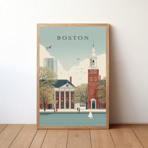 Boston reisposter, print skyline stad, retro Amerikaanse stad muurkunst, reiziger verjaardag kerstcadeau, slaapkamer thuiskantoor decor, USTV2