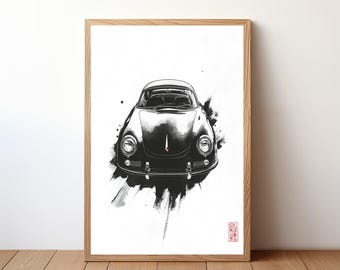 affiche vintage Porsche 356, impression Porsche, art mural voiture classique, décoration voiture de sport, art mural garage, portrait Porsche rétro, PRSH27