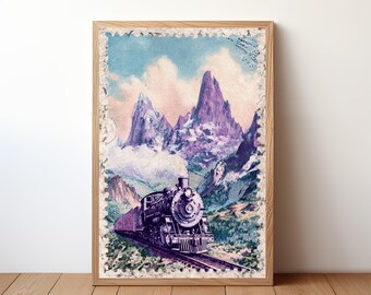 May include: Vintage-style framed print featuring a black and white steam train traveling on tracks through a mountain landscape. The artwork has a purple, blue, and green color palette, with a light brown wooden frame.