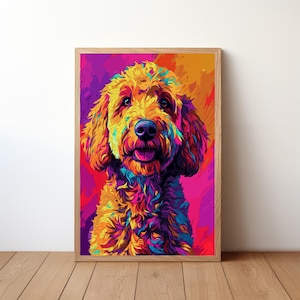 May include: A colorful abstract painting of a dog with a bright yellow, orange, pink, and purple background. The dog is a golden doodle with a happy expression.