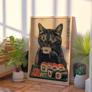 Vintage Black Cat Eating Sushi, Funny Cat Poster, Cute Cat Wall Art ...