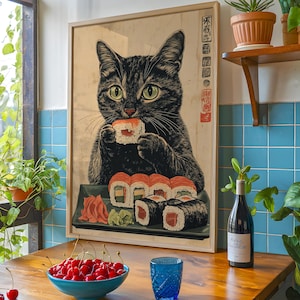 Vintage Black Cat Eating Sushi, Funny Cat Poster, Cute Cat Wall Art ...