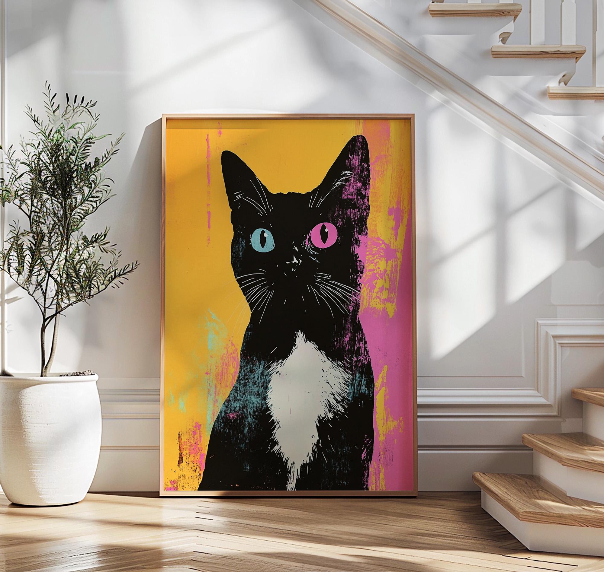 タキシード黒猫ポップアートポスター、猫の壁アート、猫好きの方への