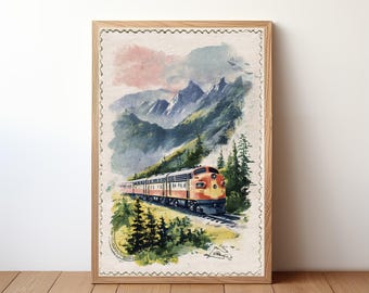 May include: Framed vintage-style print of a train traveling through a mountain landscape. The train is orange and white, set against a backdrop of green trees, mountains, and a pink and blue sky. The print has a postage stamp-like border and is in a wooden frame.