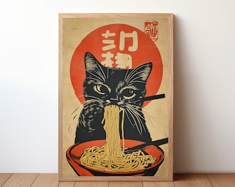 Vintage Black Cat Eating Ramen, Funny Cat Poster, Cute Cat Wall Art, Gift for Cat Lovers, Humorous Pet Decor, Cat Ramen Art