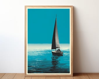 Sailboat Poster, Minimalist Modern Nautical Wall Art, Simple Ocean Boat Print, Coastal Decor for Sailor, Sea Lover Gift Illustration, SL25