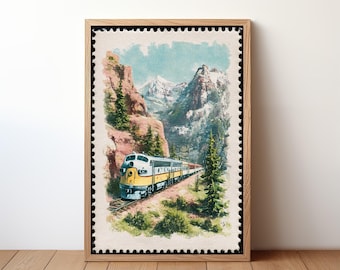 Vintage Train Stamp Poster, Retro Locomotive Wall Art, Scenic Railway Print with Nature Landscape, Travel Collectible Decor Gift, STP25