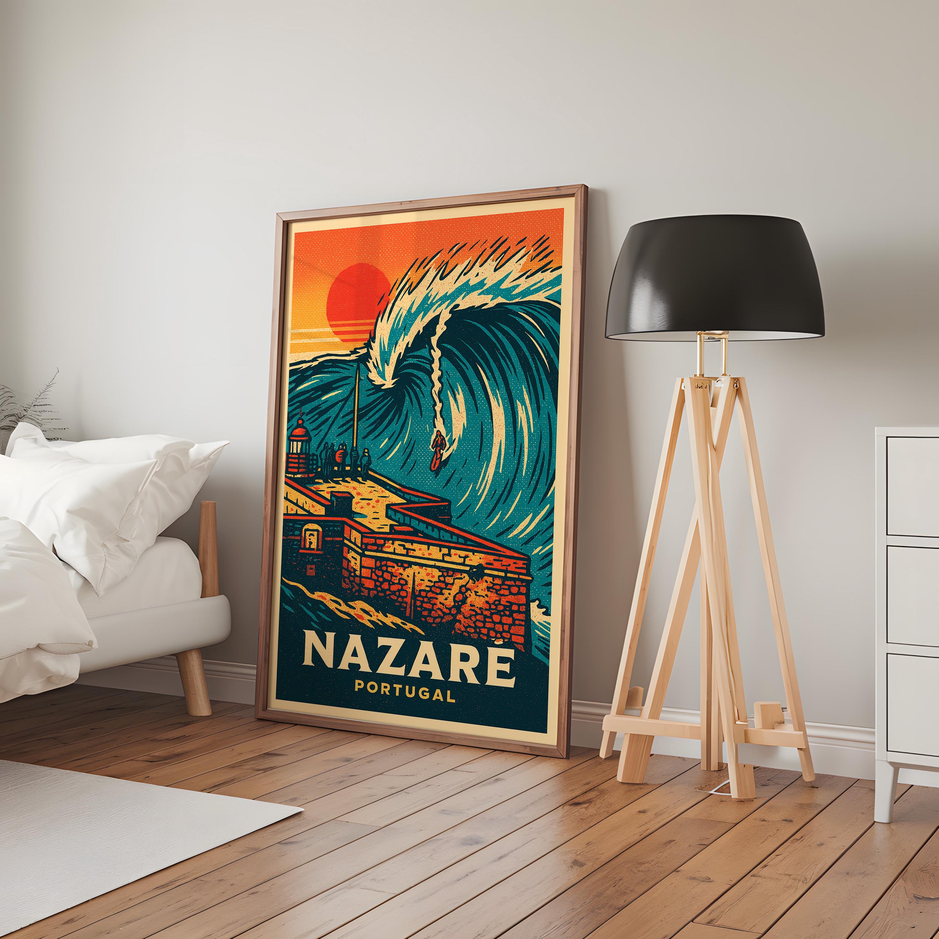 Nazaré Surf Poster, Portugal Big Wave Wall Art, Pop Art Ocean
