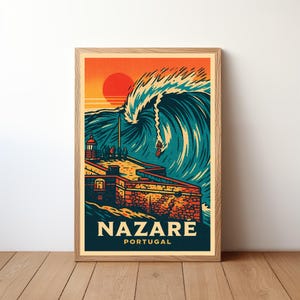 Nazaré Surf Poster, Portugal Big Wave Wall Art, Pop Art Ocean Print, Coastal Surf Decor, Retro Beach Illustration, Giant Wave Artwork, RB15
