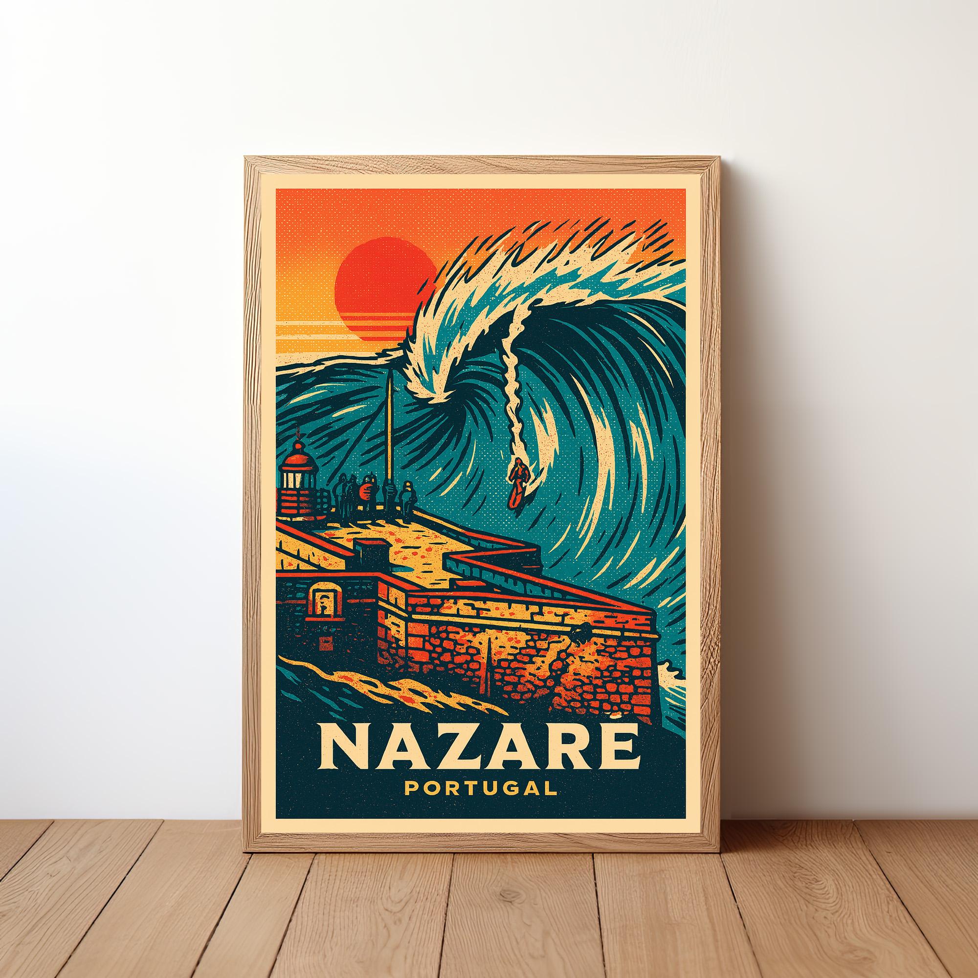 Nazaré Surf Poster, Portugal Big Wave Wall Art, Pop Art Ocean