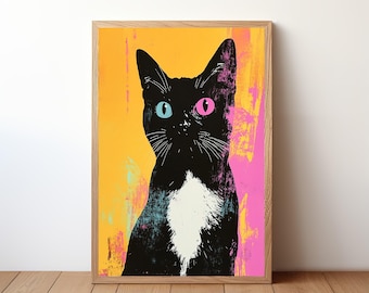 タキシード黒猫ポップアートポスター、猫の壁アート、猫好きの方への