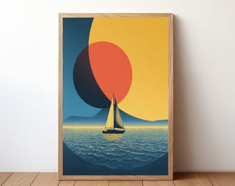 Sailboat Poster, Minimalist Modern Nautical Wall Art, Simple Ocean Boat Print, Coastal Decor for Sailor, Sea Lover Gift Illustration, SL27