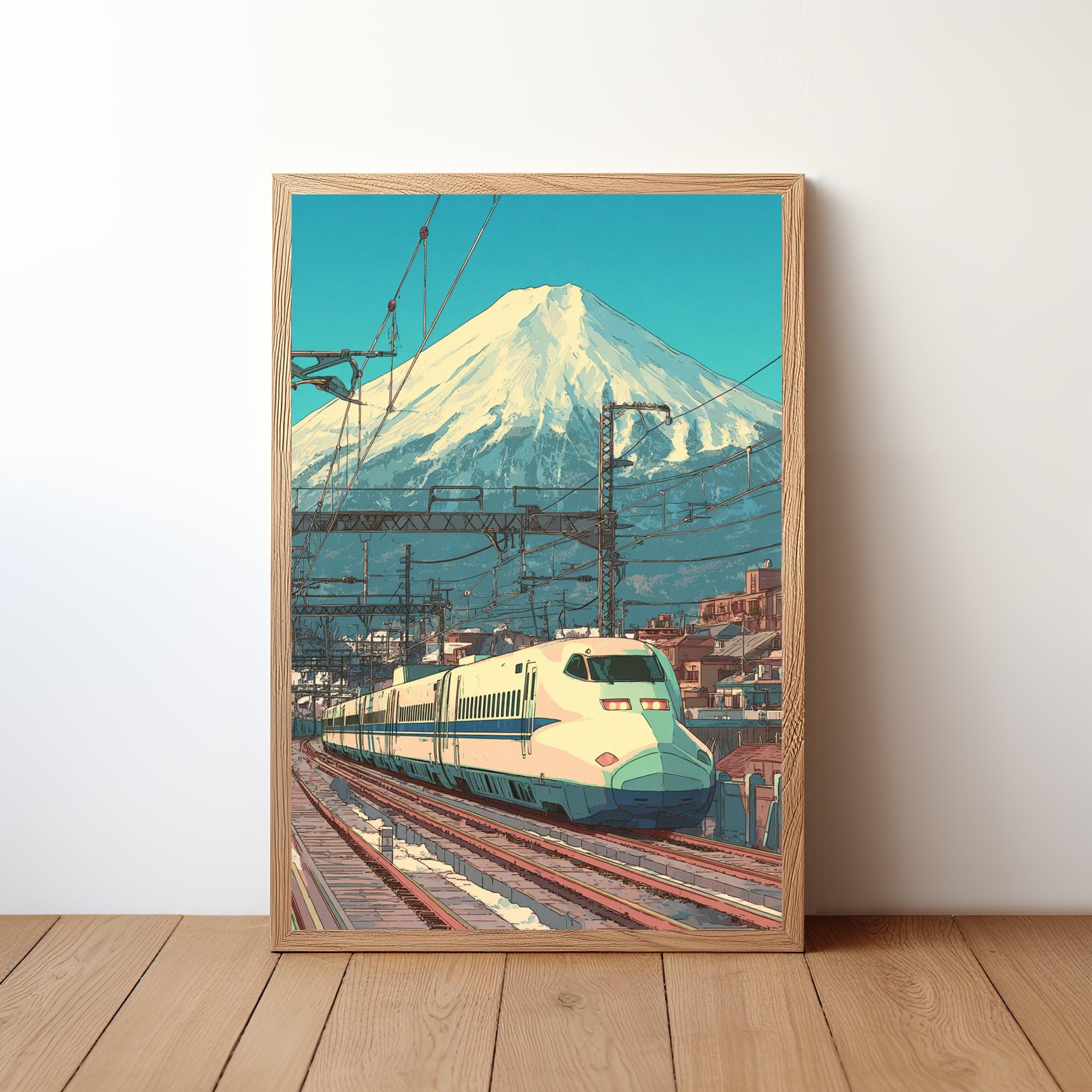 日本の新幹線ポスター、モダンな新幹線ウォールアート、富士山の風景画