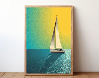 Sailboat Poster, Minimalist Modern Nautical Wall Art, Simple Ocean Boat Print, Coastal Decor for Sailor, Sea Lover Gift Illustration, SL14