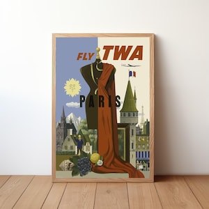 Paris Fly TWA Airline Vintage Travel Poster, Vintage Travel Wall Art, Retro Travel Poster