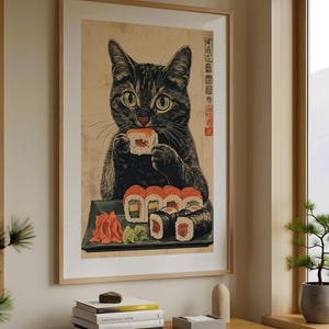 Vintage Black Cat Eating Sushi, Funny Cat Poster, Cute Cat Wall Art ...