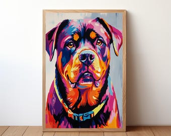 Puede incluir: Una pintura colorida de un perro Rottweiler con un esquema de colores morado, rosa, naranja y azul. El perro está mirando directamente al espectador con una expresión seria.