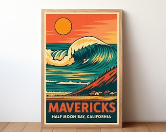 Mavericks Surf Poster, Pop Art Wave Print, Half Moon Bay Wall Art, California Surf Decor, Bold Ocean Break Illustration, Retro Beach, RB13