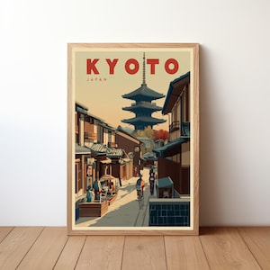 May include: A vintage travel poster featuring a colorful illustration of a street in Kyoto, Japan. The poster features a pagoda in the background and people walking down the street. The text "KYOTO JAPAN" is displayed at the top of the poster.