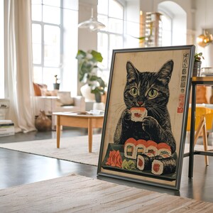 Vintage Black Cat Eating Sushi, Funny Cat Poster, Cute Cat Wall Art ...