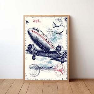 Vintage Jetliner Stamp Poster, Retro Airplane Wall Art, Travel Airmail Decor, Aviation Lover Print, Classic Flight Illustration, STP10