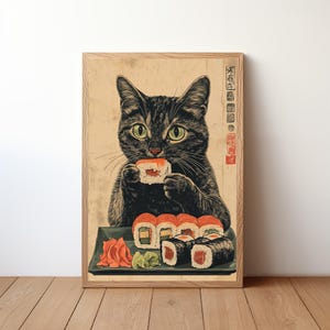 Vintage Black Cat Eating Sushi, Funny Cat Poster, Cute Cat Wall Art ...