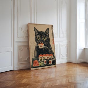 Vintage Black Cat Eating Sushi, Funny Cat Poster, Cute Cat Wall Art ...