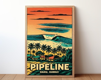 Pipeline Surf Poster, Oahu Hawaii Wave Art, Pop Art Beach Print, North Shore Surf Decor, Retro Ocean Illustration, Big Wave Wall Art, RB16