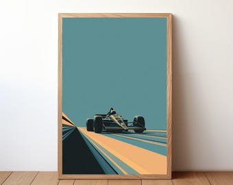May include: Framed art print featuring a vintage race car in a minimalist style. The artwork showcases a black and gold race car on a track with orange and blue lines against a teal background. The print is in a wooden frame.