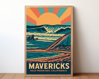 Mavericks Surf Poster, Pop Art Wave Print, Half Moon Bay Wall Art, California Surf Decor, Bold Ocean Break Illustration, Retro Beach, RB14