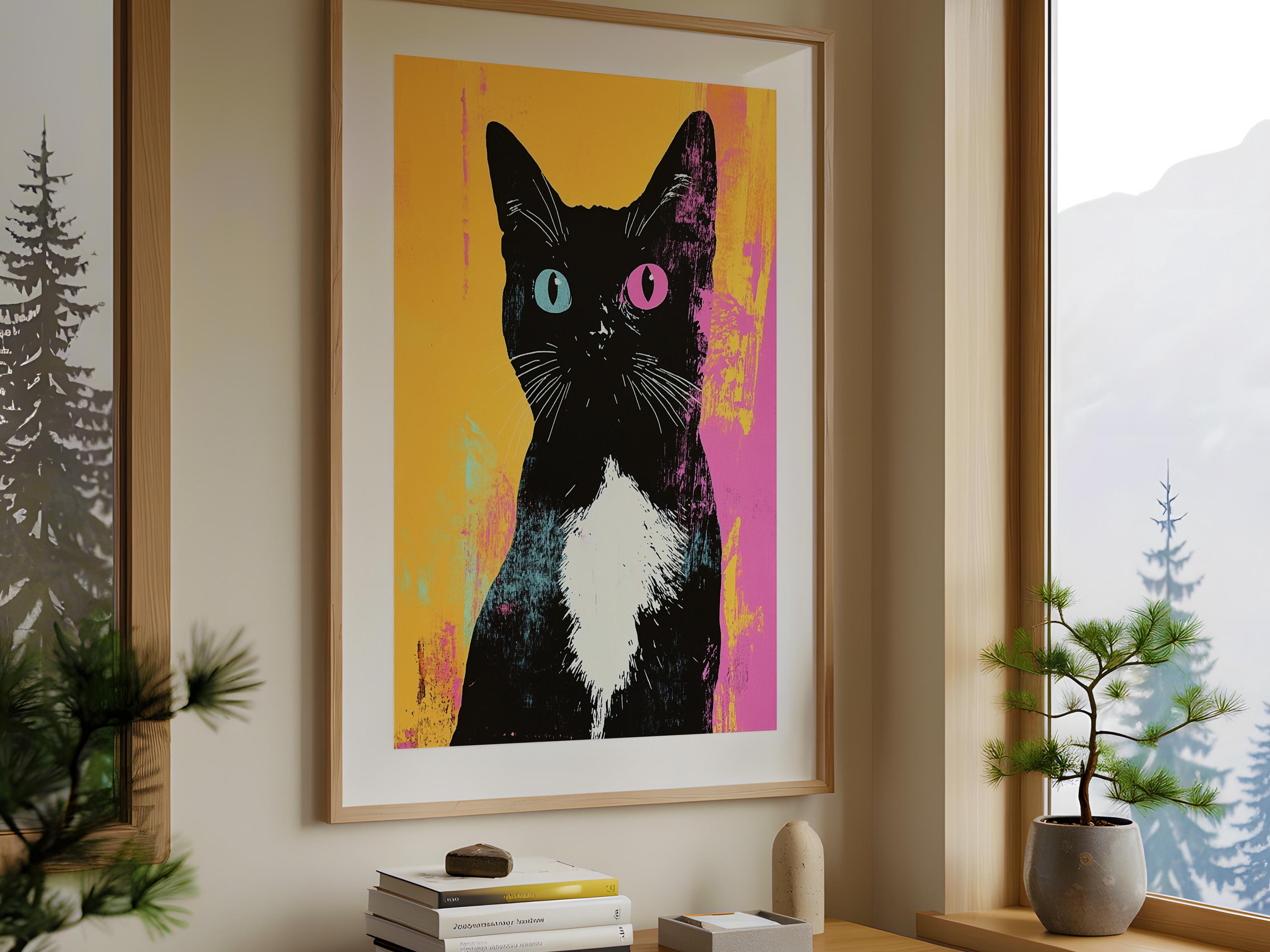 タキシード黒猫ポップアートポスター、猫の壁アート、猫好きの方への